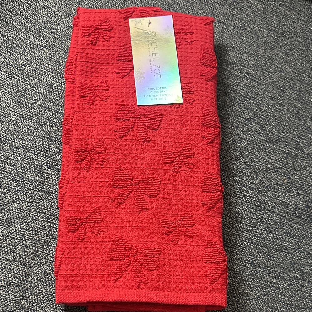 Rachel Zoe red bow 100 % cotton quick dry kitchen towels set of 2